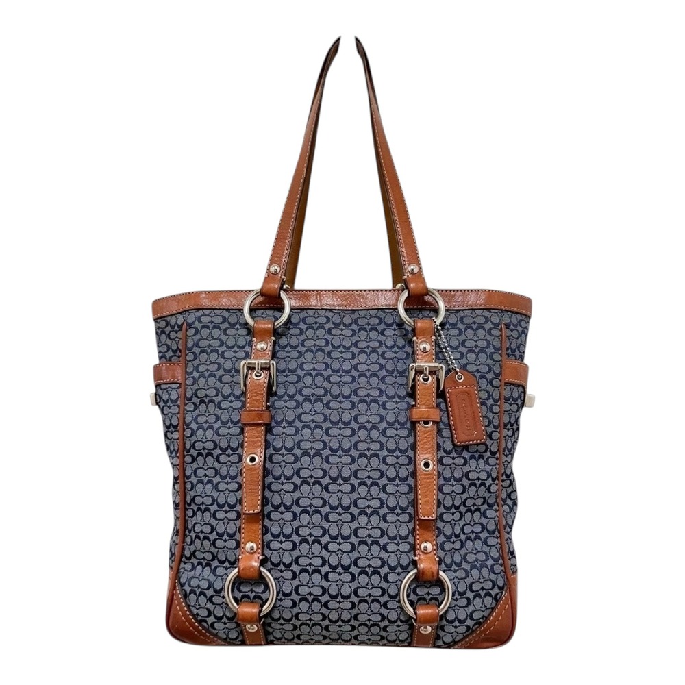 Coach Gallery Tote Mini Signature Navy Blue British Tan Leather F11526